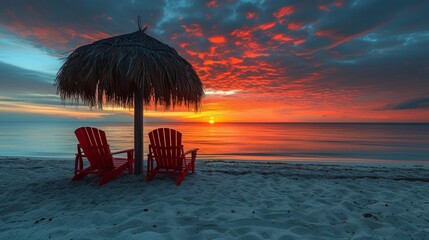Sunset on the beach with sun lounger and umbrella.