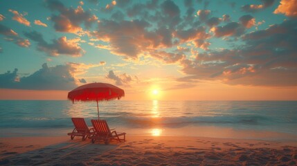 Sunset on the beach with sun lounger and umbrella.
