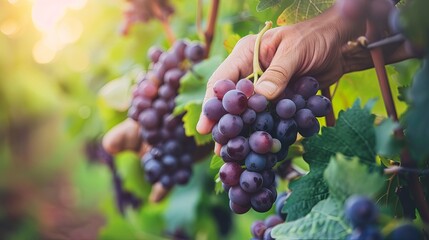 Closeup of woker hand picking ripe grapes from vineyard .