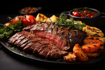 Delicious grilled pork beef steaks sliced and Barbecue chuck beef ribs with chili and vegetables on dark background