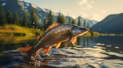 Close up of fish rainbow trout jumping from the water with bursts in high mountain clean lake or river, at sunset or dawn, picturesque mountain summer landscape. Copy space. - obrazy, fototapety, plakaty