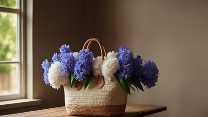 straw bag with hyacinth and carnation blossom
