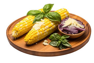 boiled sweet corn Served on a wooden plate Top with garlic butter, sprinkle with salt and pepper, and place with basil leaves to decorate. Taken from an angle Emphasis 
