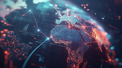 Abstract digital world map, concept of global network and connectivity on Earth, data transfer and cyber technology, information exchange and international telecommunication