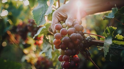 Hands holding ripe red grapes picking from vine