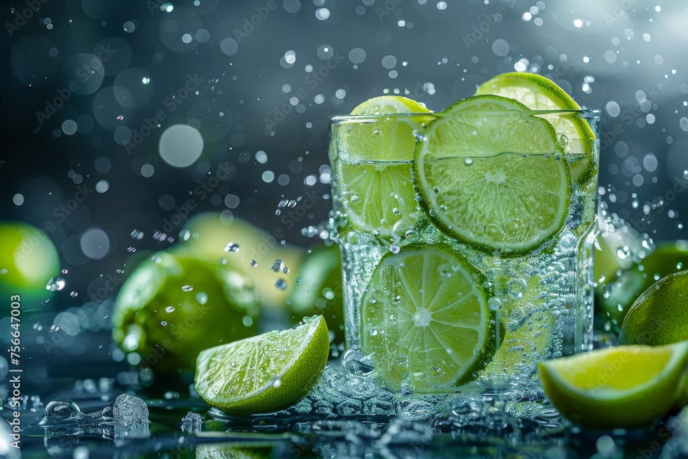 Poster refreshing caipirinha cocktail with splashing lime slices on a dark grey background