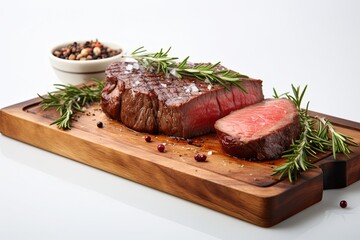 Delicious grilled pork beef steaks sliced and Barbecue chuck beef ribs with wooden cutting board on white background