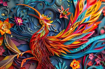 Иллюстрация сказочной 2D жар-птицы с разноцветными узорами, цветочным дизайном,красочными крыльями 7