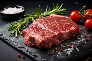 Raw beef meat steak with old rustic wooden cutting board background