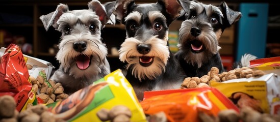 A group of schnauzer dogs, a dog breed known for their distinctive snouts, standing next to bags of...