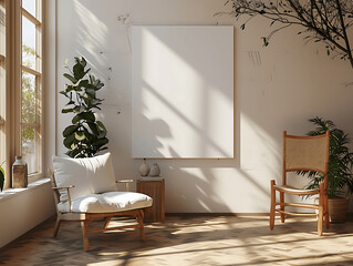 blank frame on wall, wooden chairs, and indoor plant. Natural light casting soft shadows.