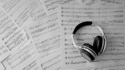 Music notes on paper white and headphones and Music sheets background - obrazy, fototapety, plakaty