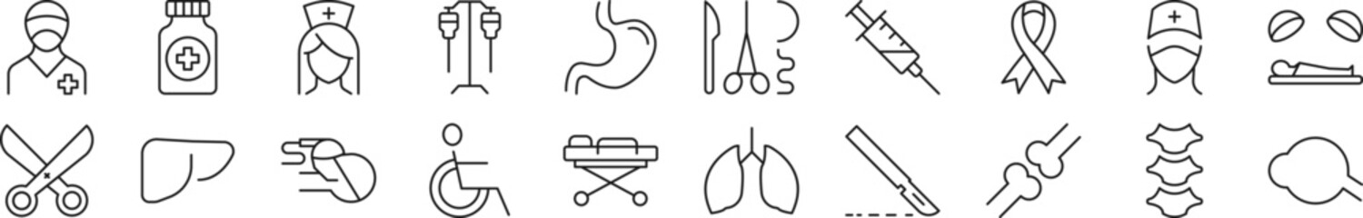 Collection of thin line icons of surgeon. Editable stroke. Simple linear illustration for web sites, newspapers, articles book