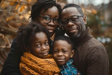 African-american family hugging outside in fall