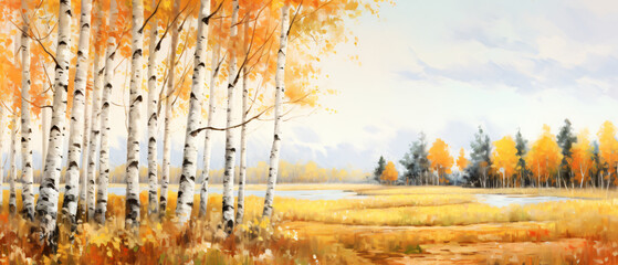 Autumn landscape with birch grove panoramic view. 