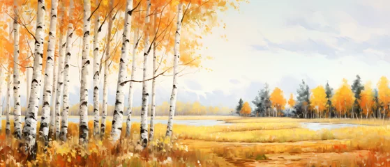 Zelfklevend Fotobehang Berkenbos Autumn landscape with birch grove panoramic view. 
