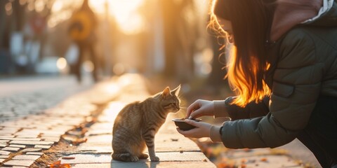 Woman feeding a stray cat on the street with sun light - obrazy, fototapety, plakaty