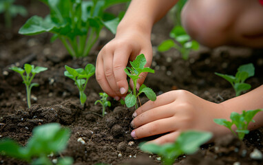 Close up of a small child hands planting plants in the soil, gardening in the backyard, childhood in the village or on the farm