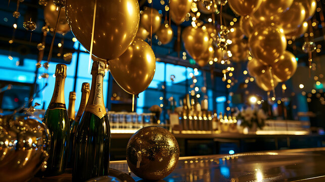 New Year's Eve party. Gold and silver balloons hang from the ceiling. There are bottles of champagne on the bar. A disco ball sits on the bar.