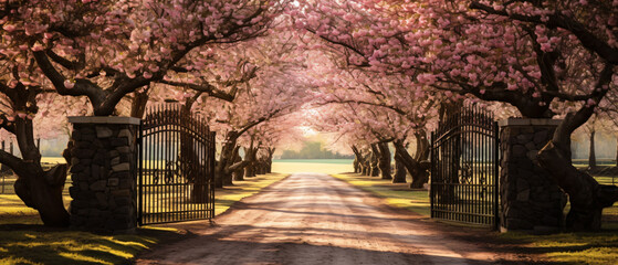 Avenue of flowering trees along the gravel driveway 