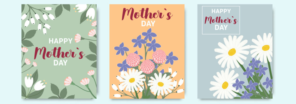 Greeting hand drawn Mother's Day card set. Trendy posters, web banners or covers with wildflowers, daisies, roses, tulips bouquet. Hand drawn Floral art template for Mothers Day, birthday, Womens Day