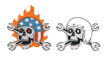 Skull wearing helmet with usa flag