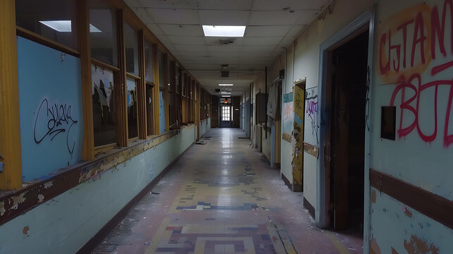 This is a photo of an abandoned hallway in a school. The walls are painted green and white, and the floor is covered in linoleum tiles.