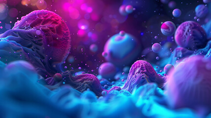 3D rendering of an abstract organic structure. The image features a blue and purple color scheme,...