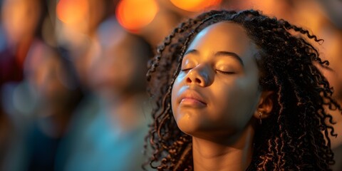 Adolescent girl deeply immersed in worship, singing with closed eyes during church service. Concept Worship, Adolescent, Church, Singing, Devotion - obrazy, fototapety, plakaty