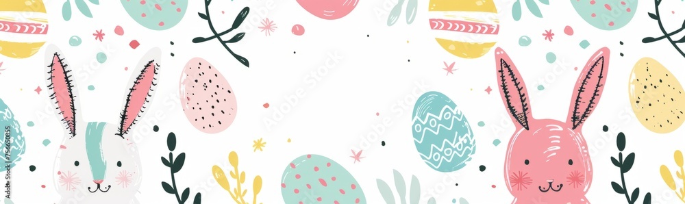 Poster a pattern with hand drawn bunnies and eggs, their forms adorned in soft pastel hues generative ai