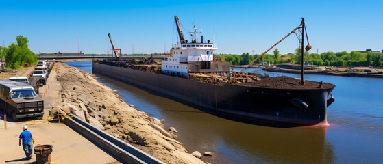 Barge loaded with gravel approaches the Lock and Dam 