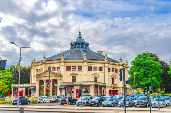 Amiens, France, July 3, 2023: The municipal circus Cirque Jules-Verne Pole National Cirque neoclassical architecture style building between Square Arlette Gruss and Square Annie Fratellini, France