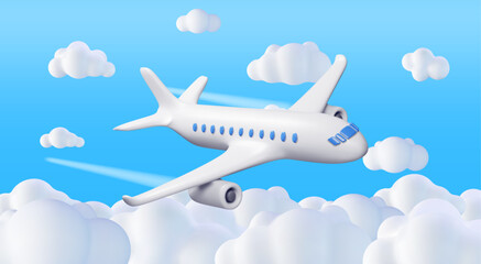 Naklejka premium 3D White Realistic Airplane in Clouds. Render Passenger or Commercial Jet Icon. Time for Travel Concept. Traveling Booking Agency and Airlines. Holiday Vacation. Vector Illustration