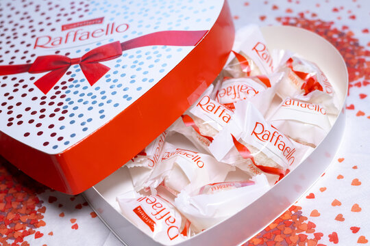 LVIV, UKRAINE - February 14, 2024: Raffaello sweets in heart form. Perfect romantic present.