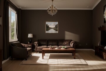 Fototapeta premium The living room interior with furniture and a chandelier, a painting hangs on the wall, brown-cream color scheme