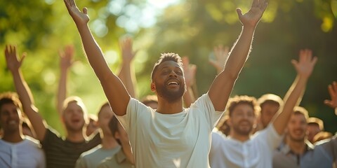 Group of men worshipping together outdoors with raised arms. Concept Brotherhood, Worship, Outdoors, Unity, Spirituality - obrazy, fototapety, plakaty
