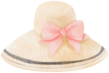 Cute White Straw Hat with ribbon watercolor illustration for Summer Decorative Element