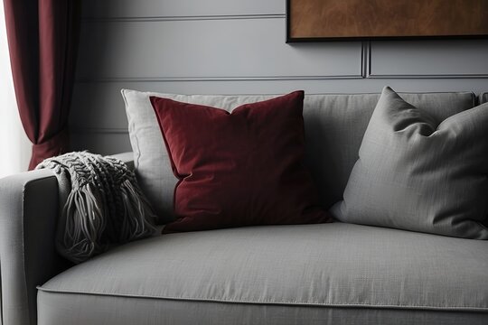 Interior of light living room with grey sofas and autumn decor