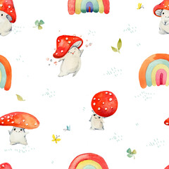Hand Drawn Seamless Waterco Pattern with Cute Kawaii Mushrooms. Cute drawing doodle cartoon characters. Design for scrapbooking, paper goods, background, wallpaper, fabric  - 756652614