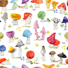 Hand Drawn Seamless Waterco Pattern with Cute Kawaii Mushrooms. Cute drawing doodle cartoon characters. Design for scrapbooking, paper goods, background, wallpaper, fabric  - 756652616