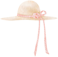 Cute White Straw Hat with ribbon watercolor illustration for Summer Decorative Element