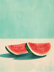 Two juicy slices of watermelon sit on top of a wooden table, ready to be enjoyed.