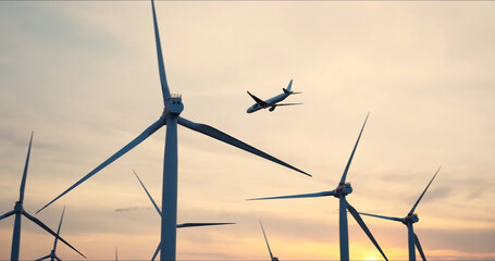 Large wind turbine rotating blades of in field against background of orange sunset on horizon with bright disk sun . Large passenger airplane, airliner landing at the airport runway. - 756653049