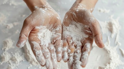 Fototapeta premium Close-up of hands sprinkled with flour during baking, capturing the joy of cooking