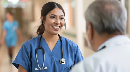 female healthcare professional, likely a nurse, smiling and engaging with an older male patient