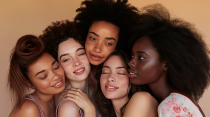 diverse group of five joyful young women are tightly huddled together