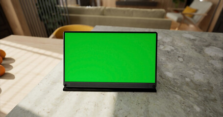 Tablet place on kitchen table, Green screen touchscreen, Close up display digital with mock up - 756653447