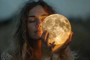 Peaceful woman embracing glowing moon orb