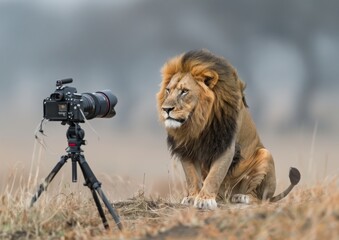 photographer taking photo of a lion on the savanna.