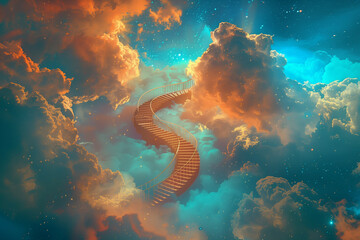 A surreal image featuring a spiral staircase ascending through vibrant clouds, with hues of blue and orange casting an ethereal glow. The sky swirls around the staircase